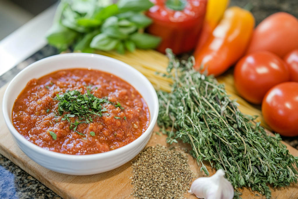 Fresh herbs and spices beside a bowl of spaghetti sauce.