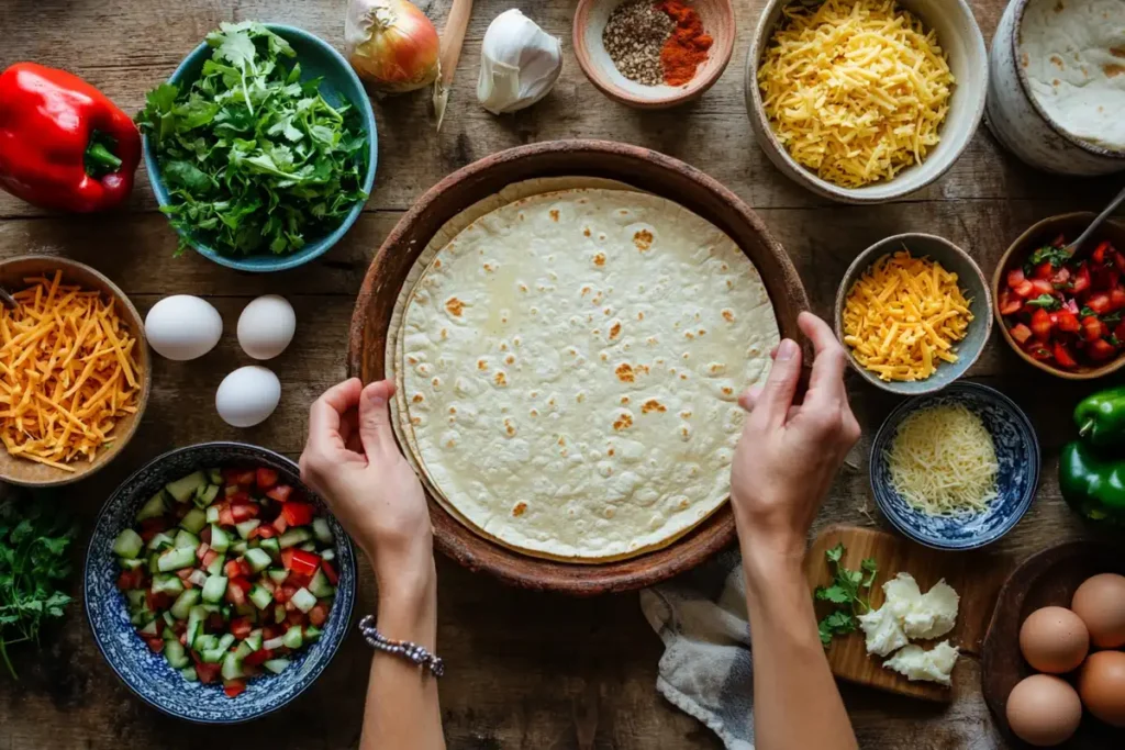 Preparing a tortilla for a quiche crust.