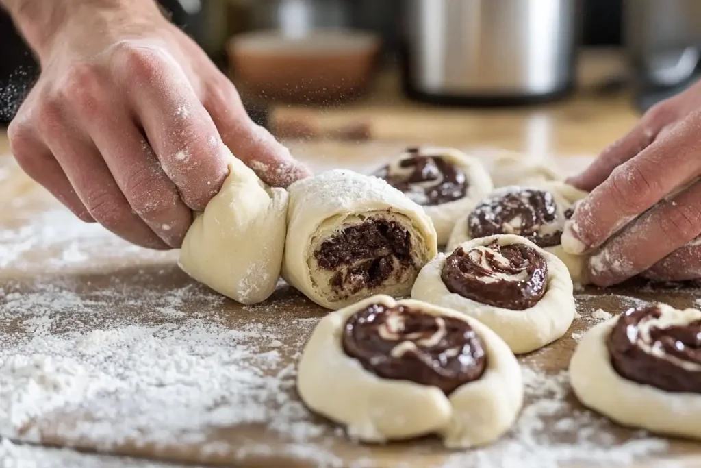 Shaping chocolate buns on a floured surface