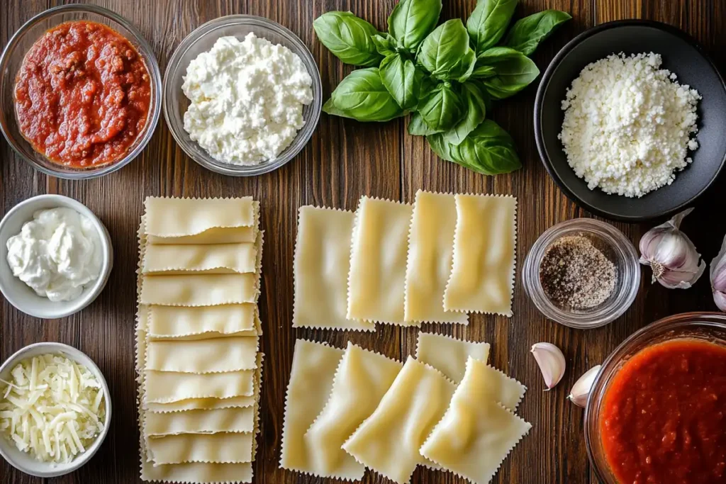 San Giorgio Lasagna ingredients on a wooden table