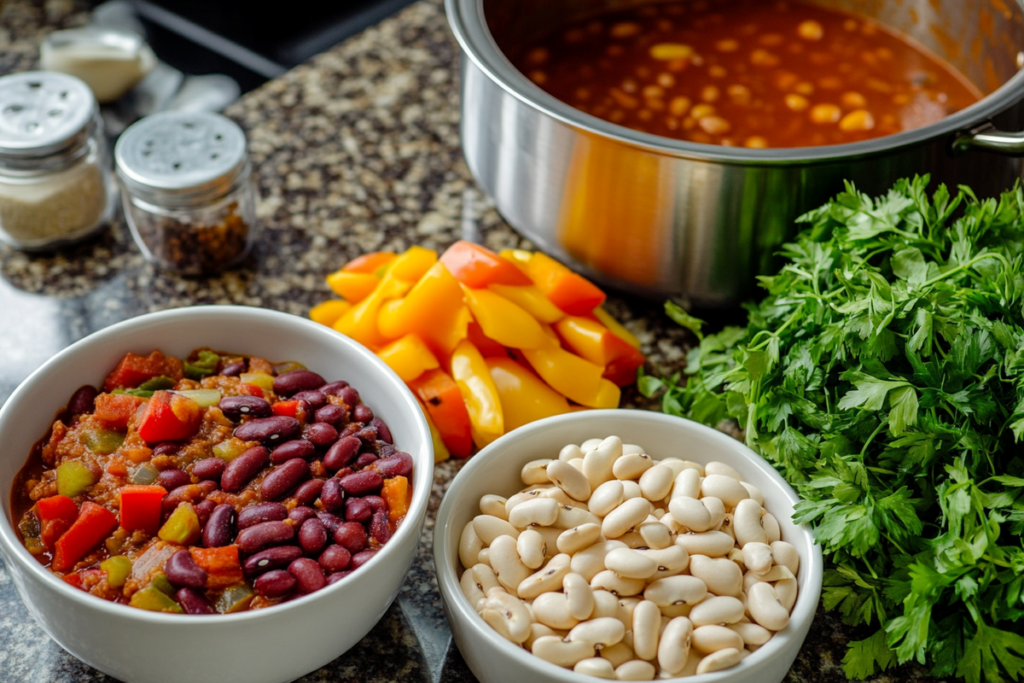 Ingredients for low sodium chili with a pot simmering in the background.
