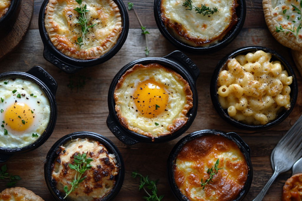 Mini cocottes with savory dishes like pot pies and mac and cheese.
