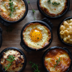 Mini cocottes with savory dishes like pot pies and mac and cheese.