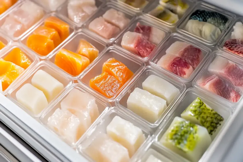 Frozen homemade fish food cubes stored in an ice tray inside a clean freezer drawer.