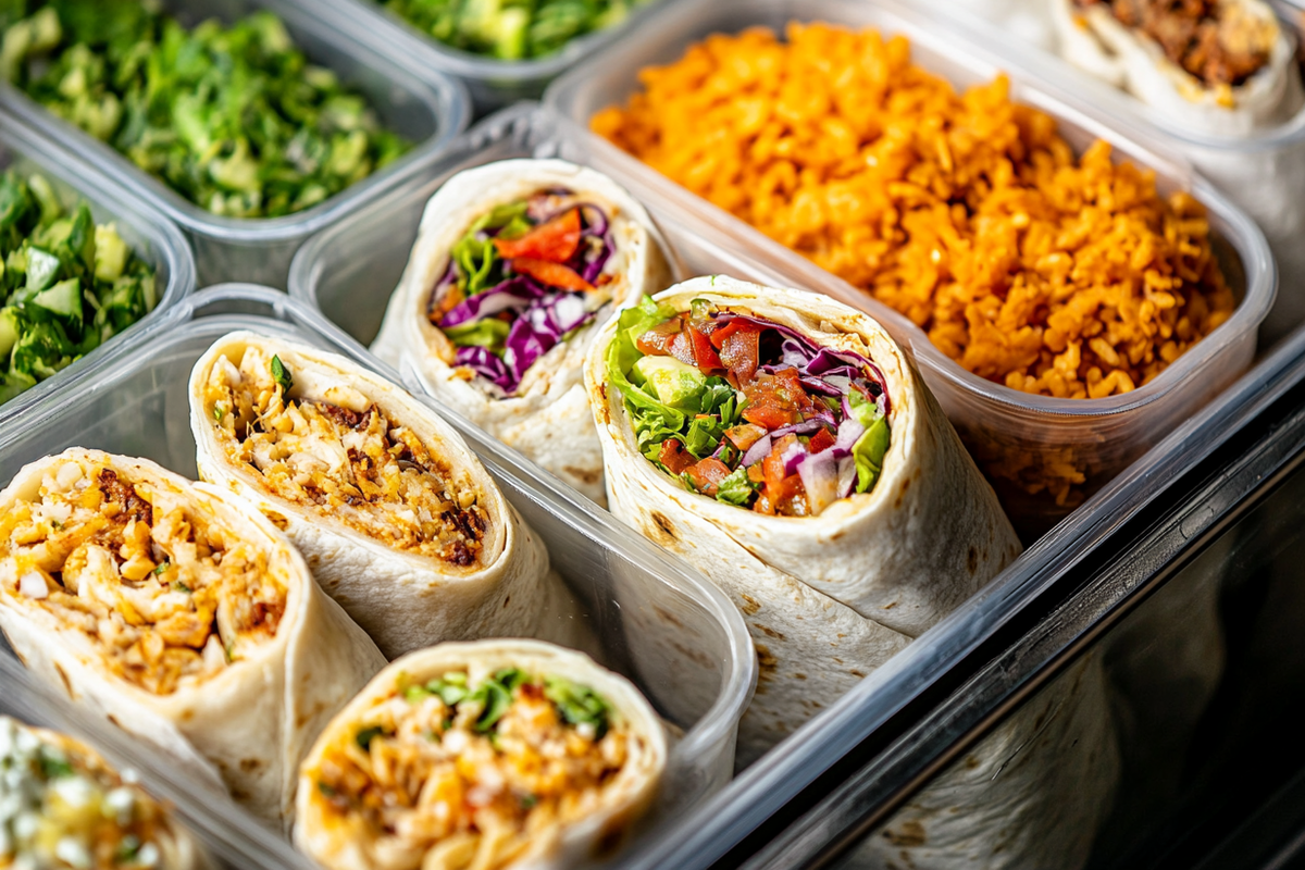 A perfectly wrapped breakfast burrito with fresh ingredients on a wooden board.