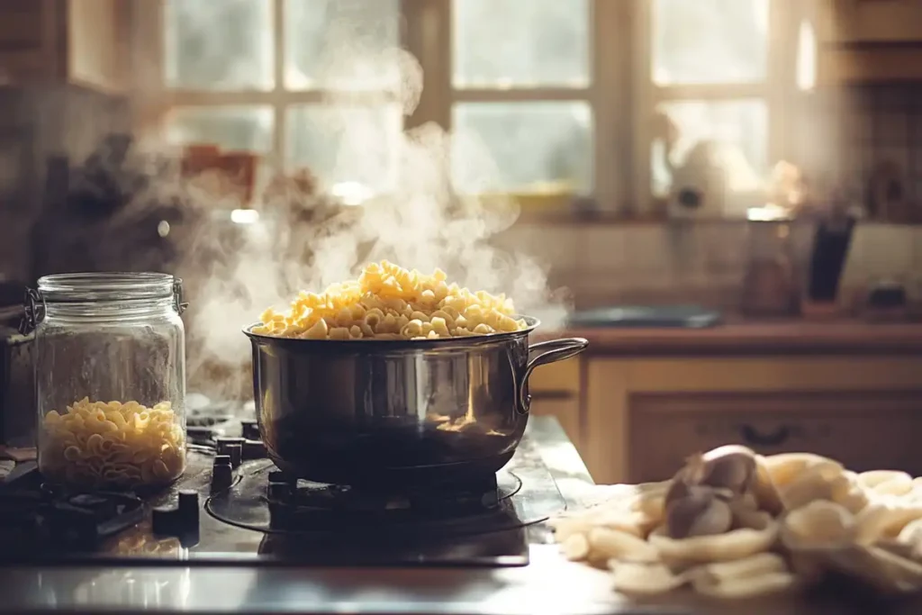 Uncooked ditalini pasta in a glass jar beside a steaming pot on a stovetop.