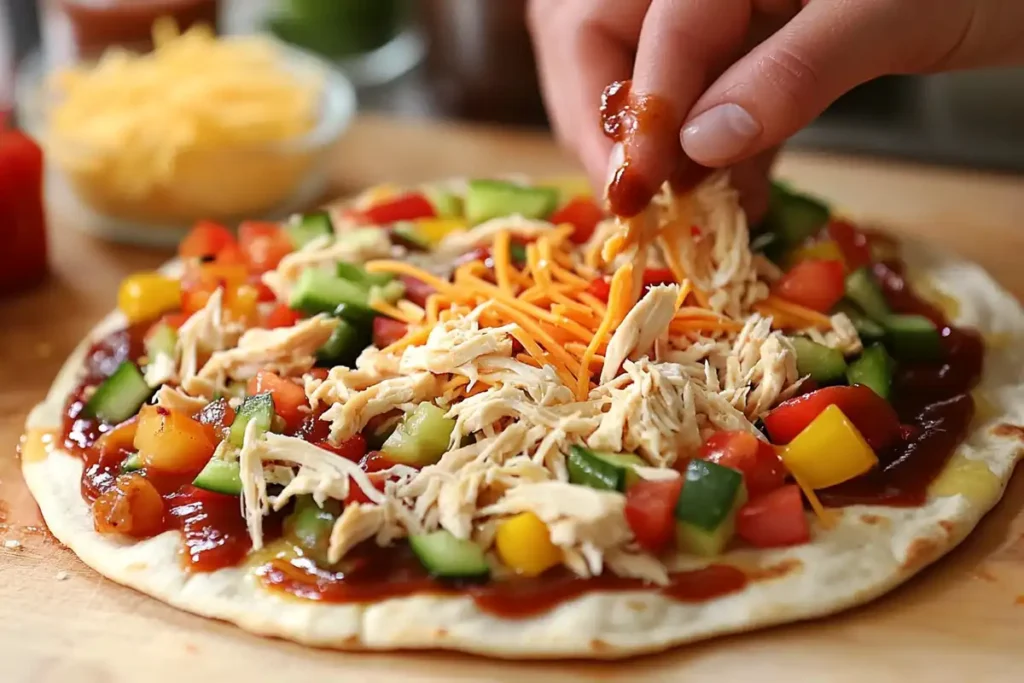 Hands spreading barbecue sauce on flatbread, layering shredded chicken, vegetables, and cheese during the preparation process.