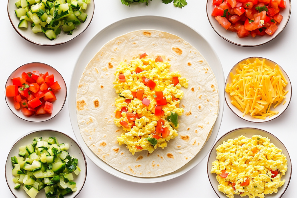 Step-by-step preparation of a breakfast burrito with eggs, cheese, and vegetables.