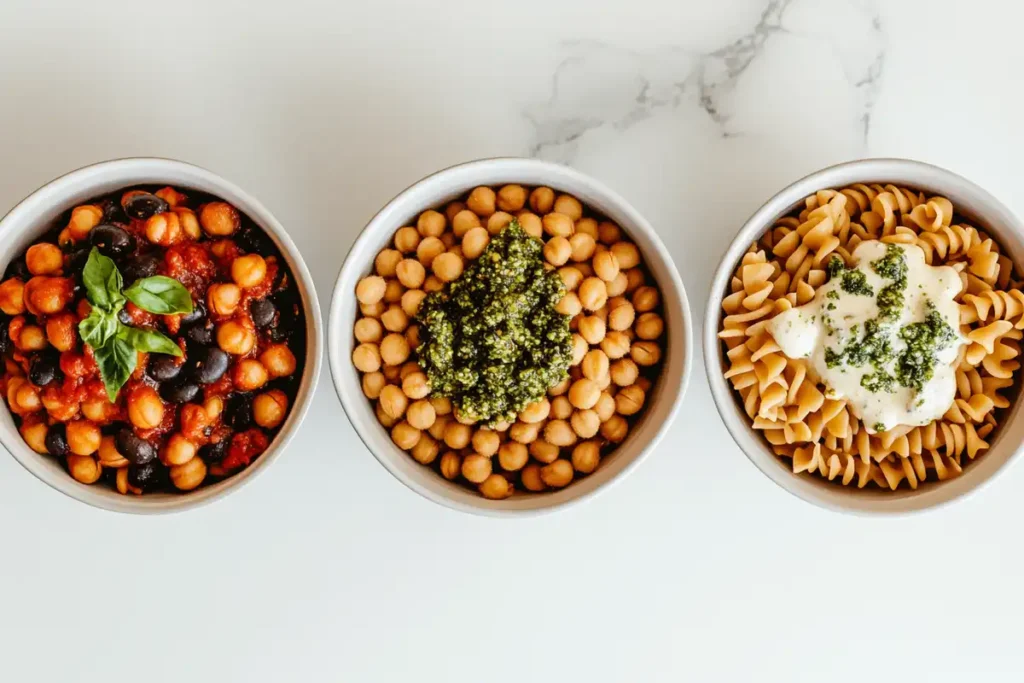Bean pasta variations: pesto, marinara, and Alfredo sauce.