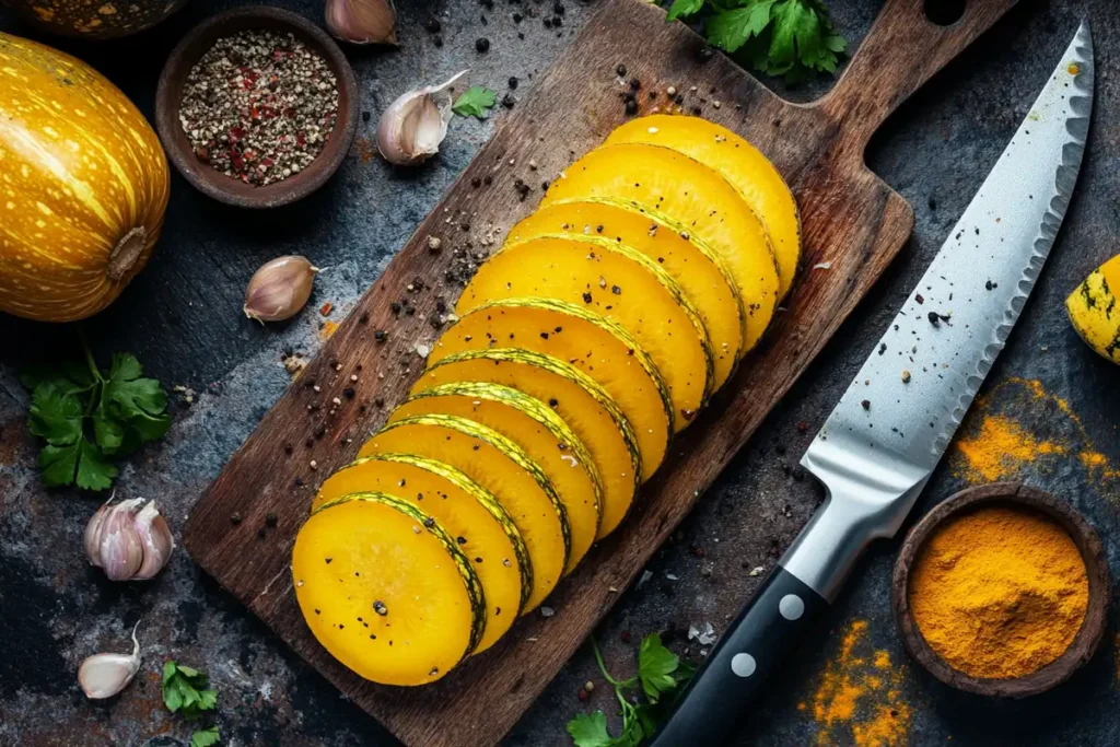 Sliced carnival squash on a wooden board with spices and herbs for Recipes Carnival Squash.