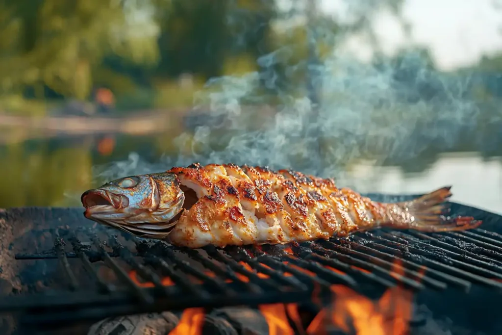 Whole tilapia grilling on an open flame with garlic butter.