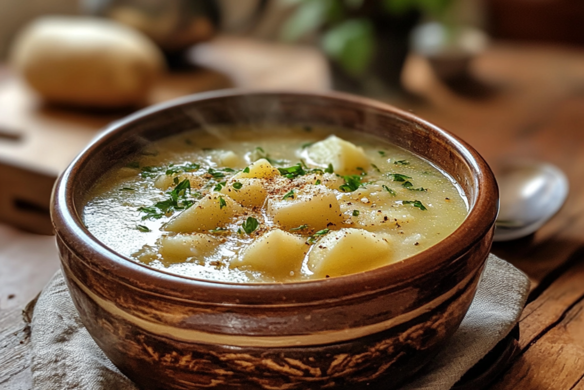 A creamy potato soup with fresh parsley served in a white bowl