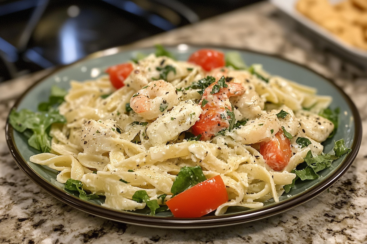 A colorful bowl of pasta salad with cherry tomatoes, cucumbers, bell peppers, olives, and fresh parsley, drizzled with dressing.
