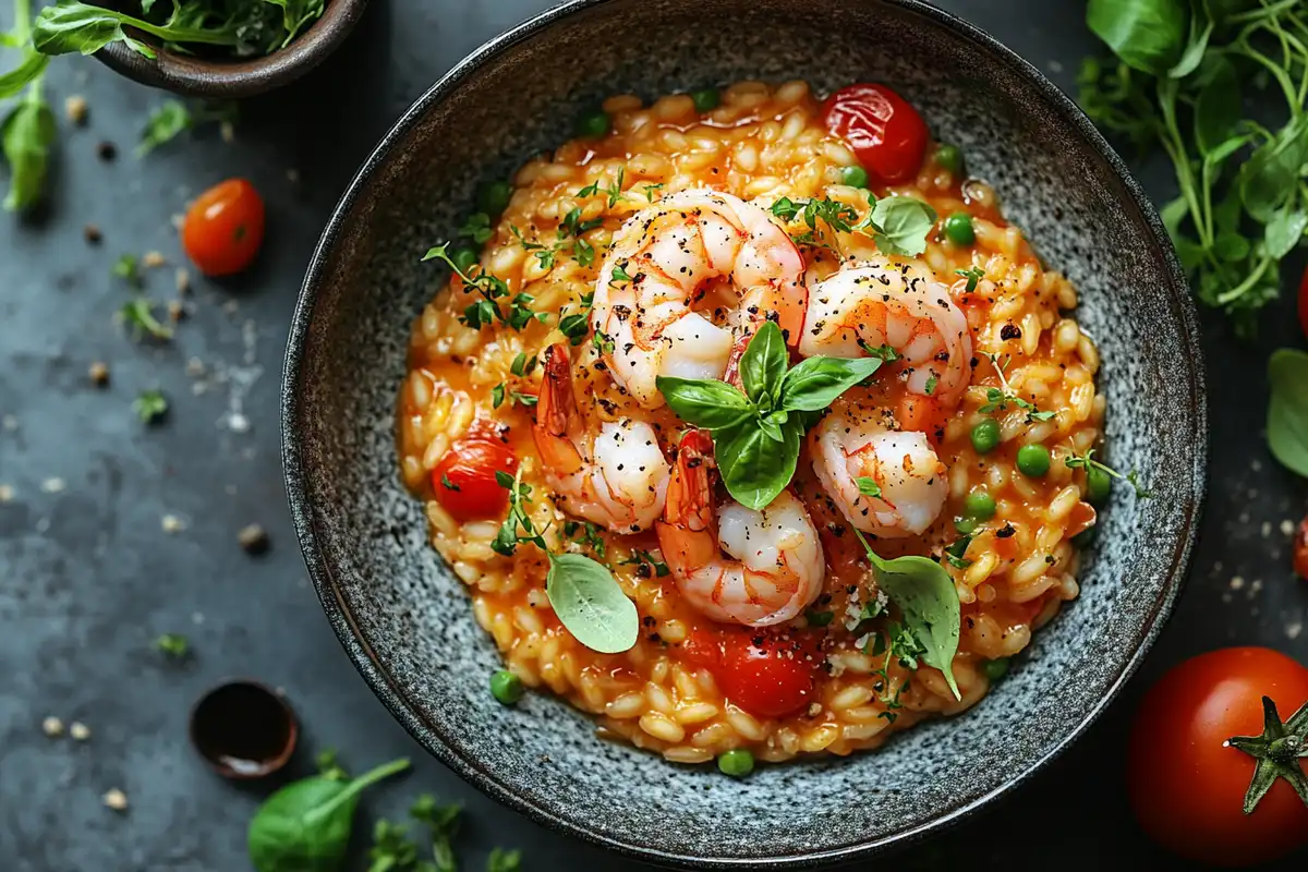 Shrimp and vegetable risotto garnished with fresh herbs and served in a rustic bowl.