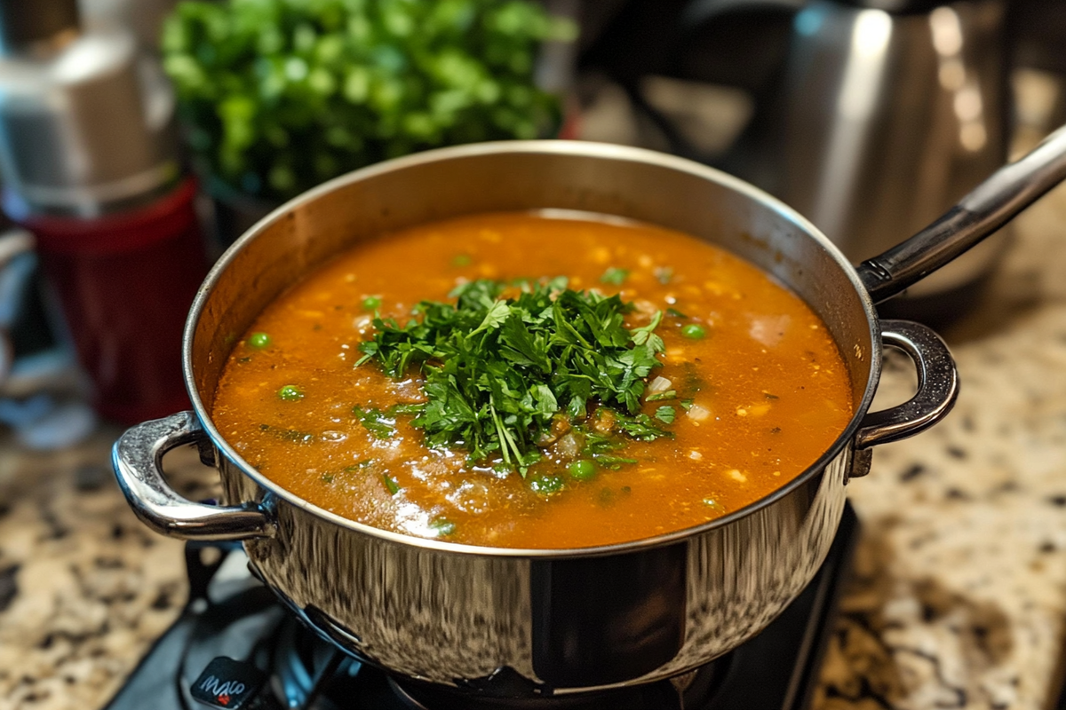 A steaming bowl of swamp soup with collard greens, sausage, and beans, garnished with fresh parsley, served alongside cornbread on a rustic wooden table