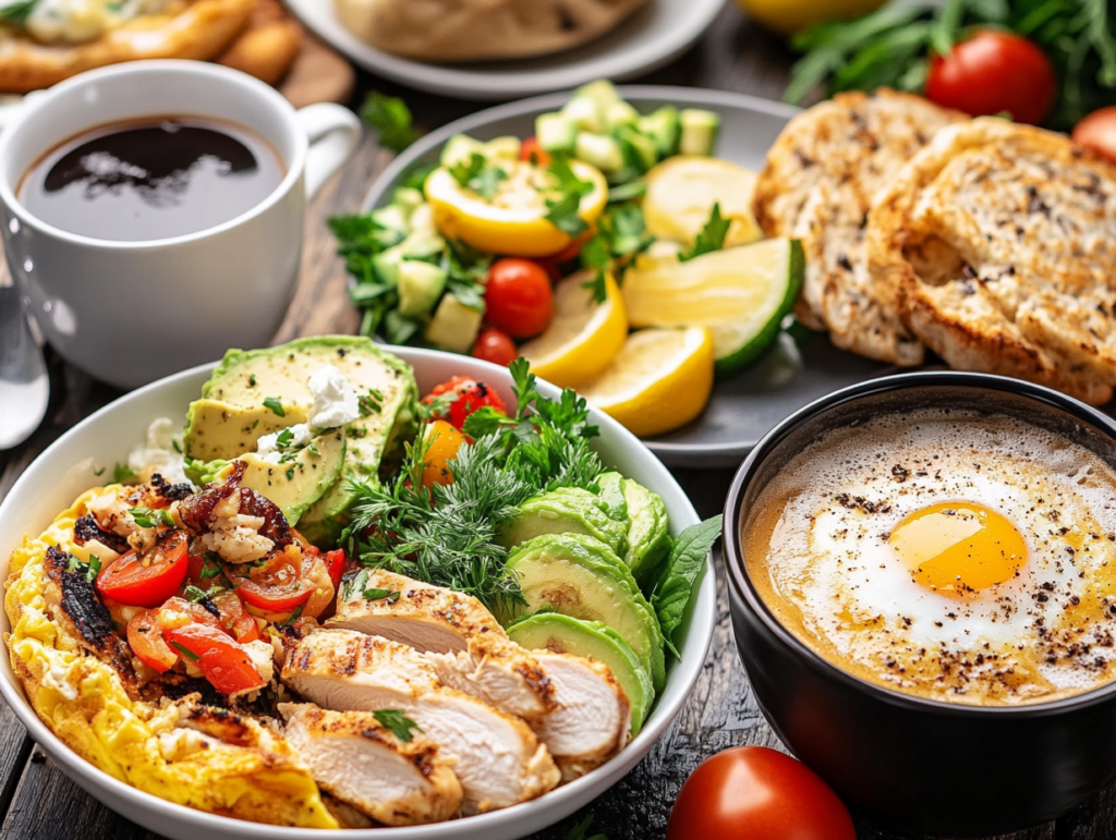 A variety of chicken breakfast dishes on a rustic wooden table with natural light.