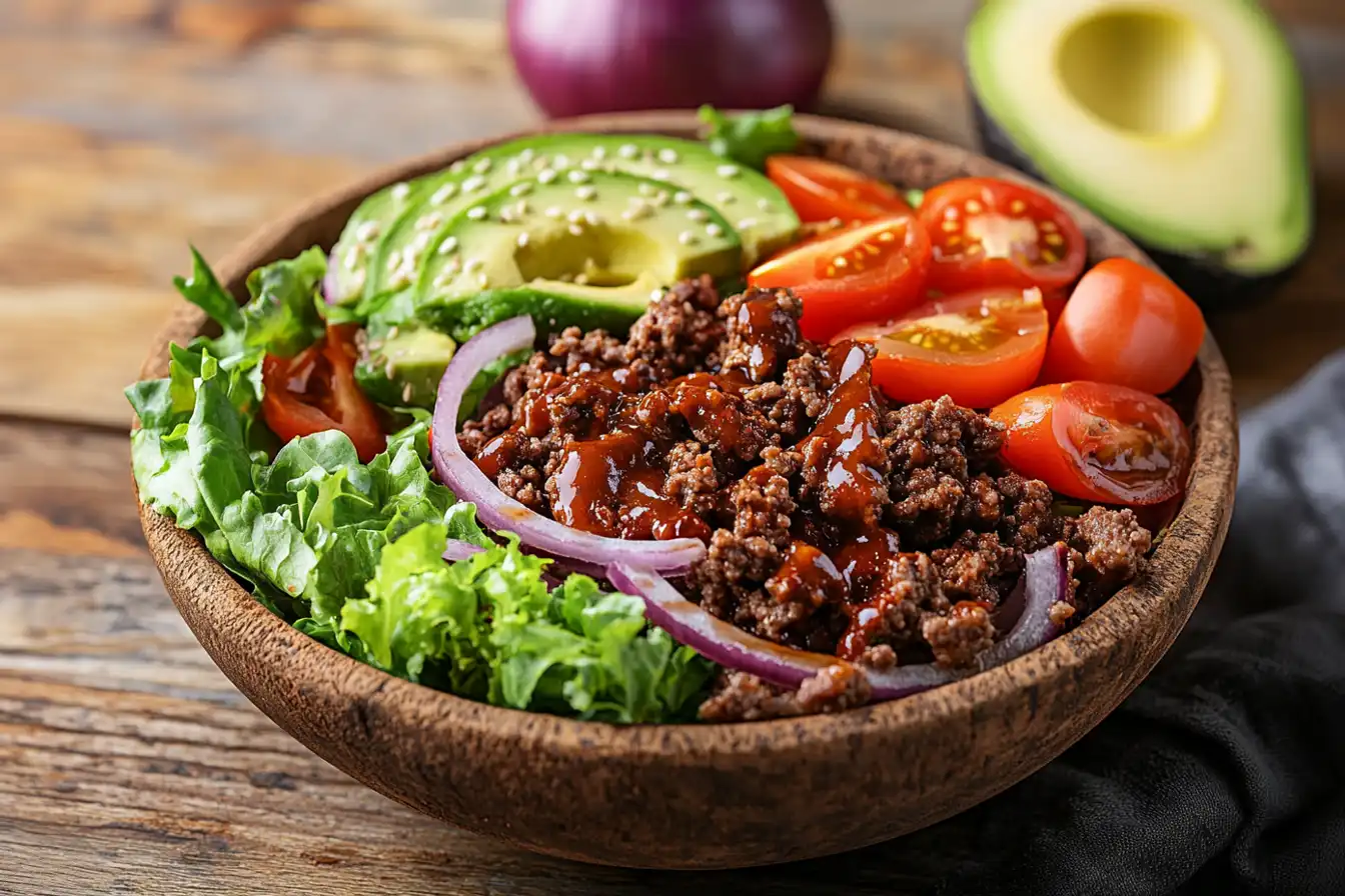 A perfectly styled hamburger bowl with ground beef, fresh vegetables, and a creamy drizzle of burger sauce.