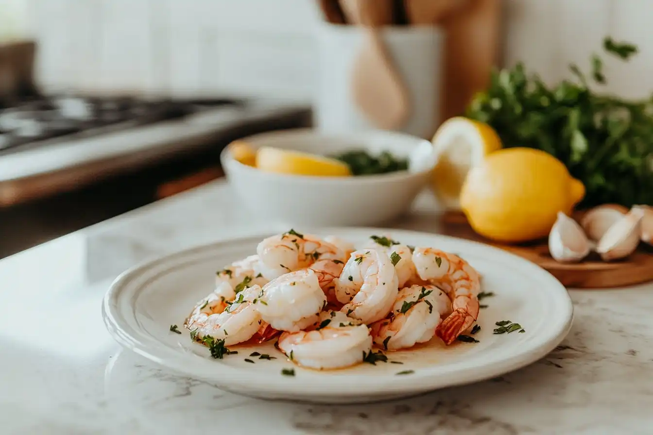 Tender cooked shrimp on a plate with parsley and lemon slices on a kitchen countertop.