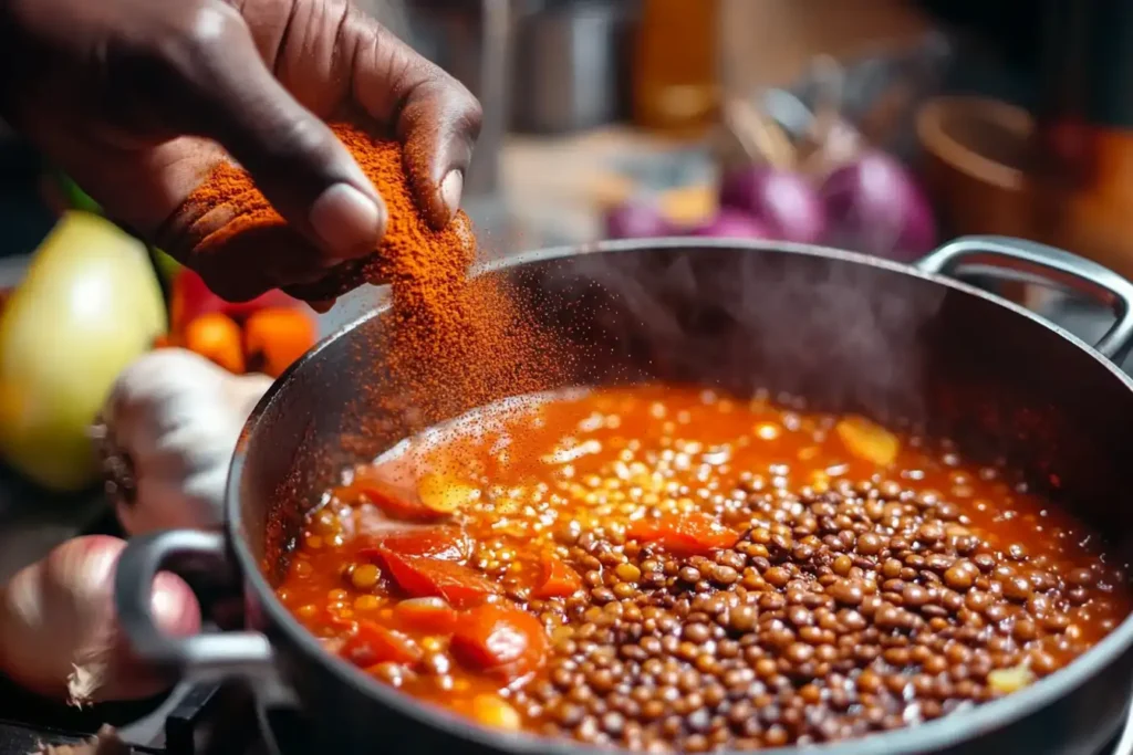 Hands adding berbere spice to a simmering Ethiopian stew pot.