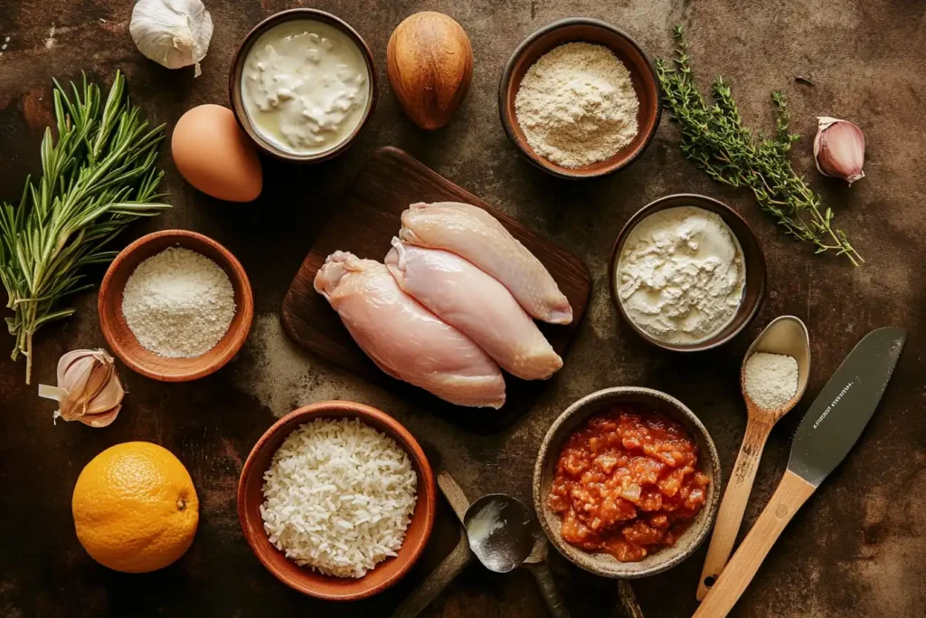 Ingredients for the Forgotten Chicken Recipe arranged on a kitchen counter, including raw chicken, rice, soups, and seasonings.