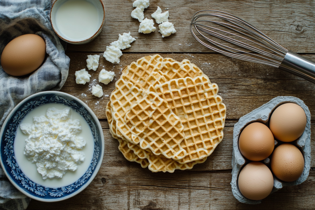 Ingredients for Kodiak waffles Recipe, including mix, eggs, milk, and a whisk on a wooden surface.