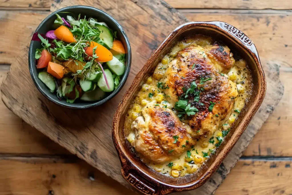 Baked Forgotten Chicken Recipe served in a rustic dish, accompanied by steamed broccoli and a fresh salad on a wooden table.