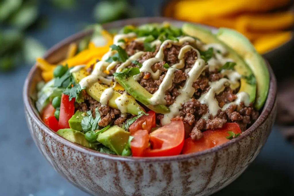 A healthy hamburger bowl with melted cheese, avocado slices, and fresh vegetables, garnished with dressing.