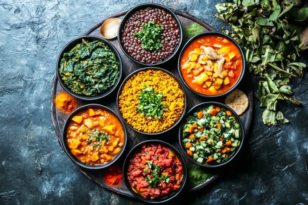 Ethiopian injera surrounded by colorful vegan stews on a rustic table.