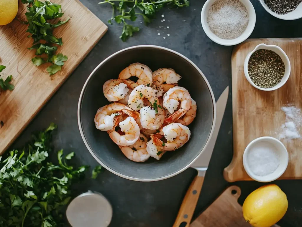 Fresh shrimp in a bowl with cooking tools on a wooden countertop.