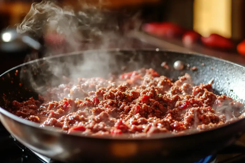 Ground beef cooking in a skillet with seasonings and steam rising.