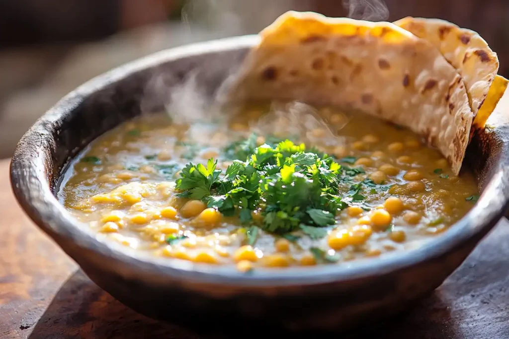 A bowl of steaming Ethiopian Shiro Wat with injera on a wooden table.