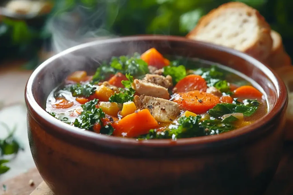 A steaming bowl of vegetable soup with chicken, carrots, and leafy greens.