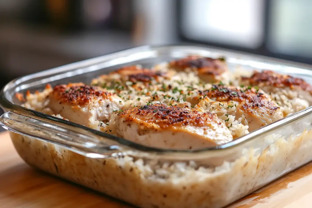 Rice mixture spread in a baking dish, topped with chicken breasts, and sprinkled with onion soup mix during the assembly of the Forgotten Chicken Recipe.