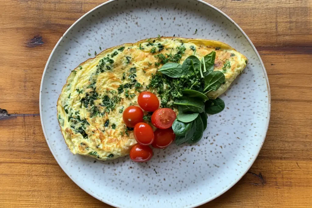 A healthy spinach and egg white omelette garnished with herbs and tomatoes.