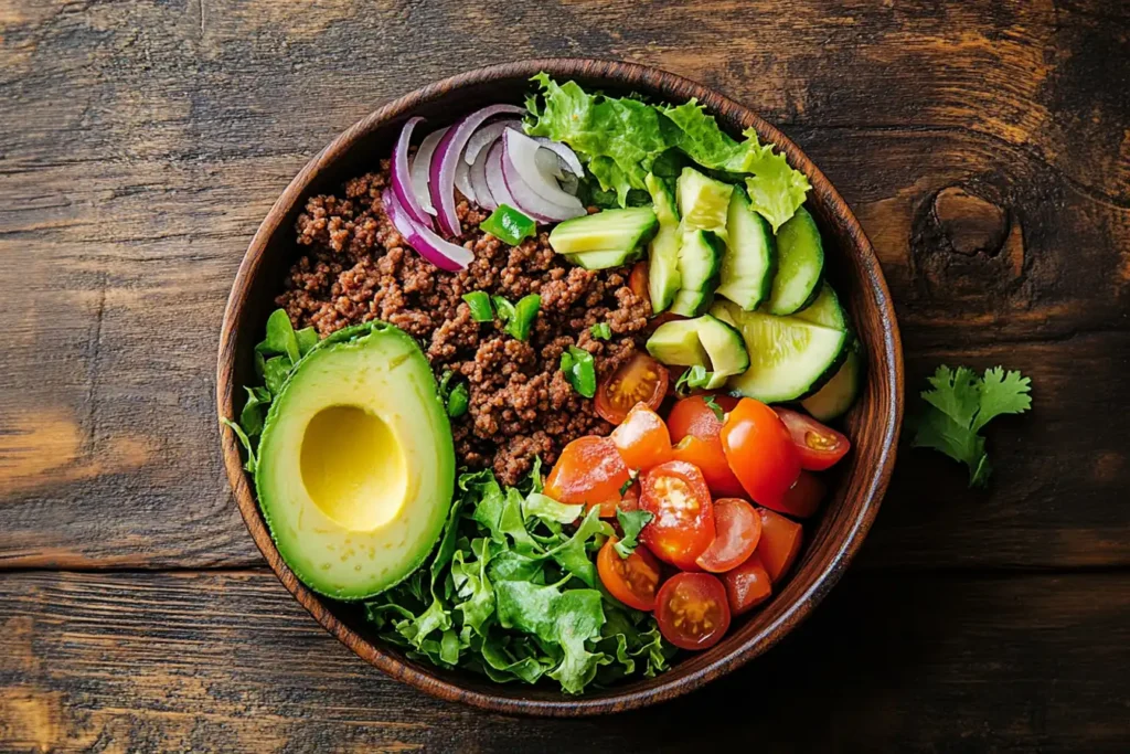 A colorful hamburger bowl with ground beef, lettuce, tomatoes, onions, pickles, and avocado artfully arranged.