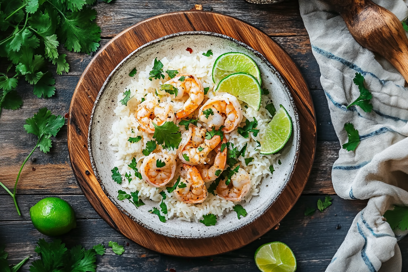 Plated creamy coconut shrimp served with jasmine rice, garnished with lime and cilantro.
