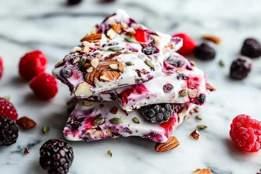 Frozen berry yogurt bark topped with mixed berries, nuts, and seeds.