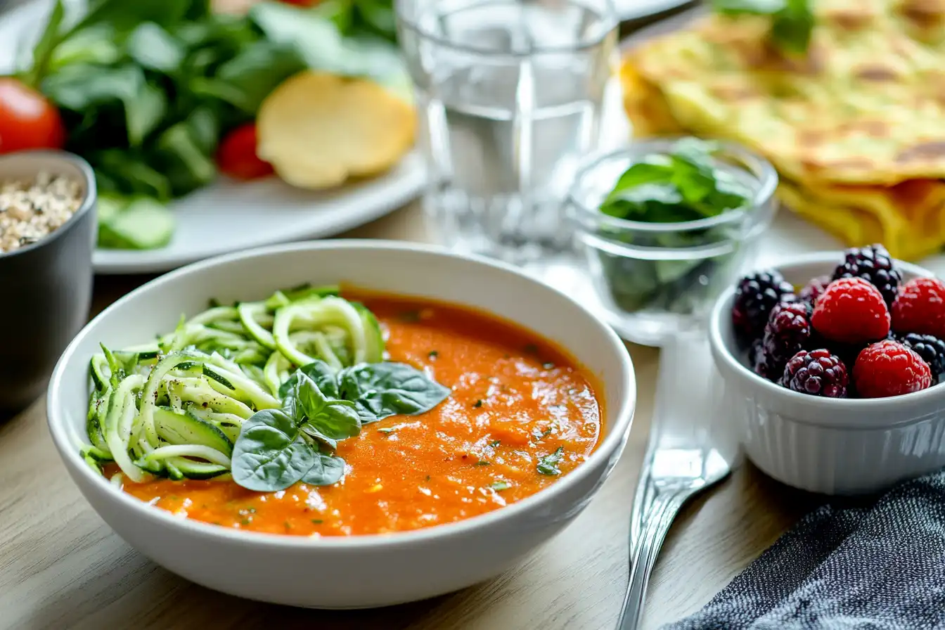 An inviting table with healthy volume eating recipes, including vegetable soup, zucchini noodles, spinach omelette, and mixed berries.