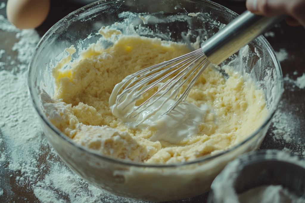 Mixing Kodiak waffle batter in a bowl with a whisk, surrounded by scattered flour.
