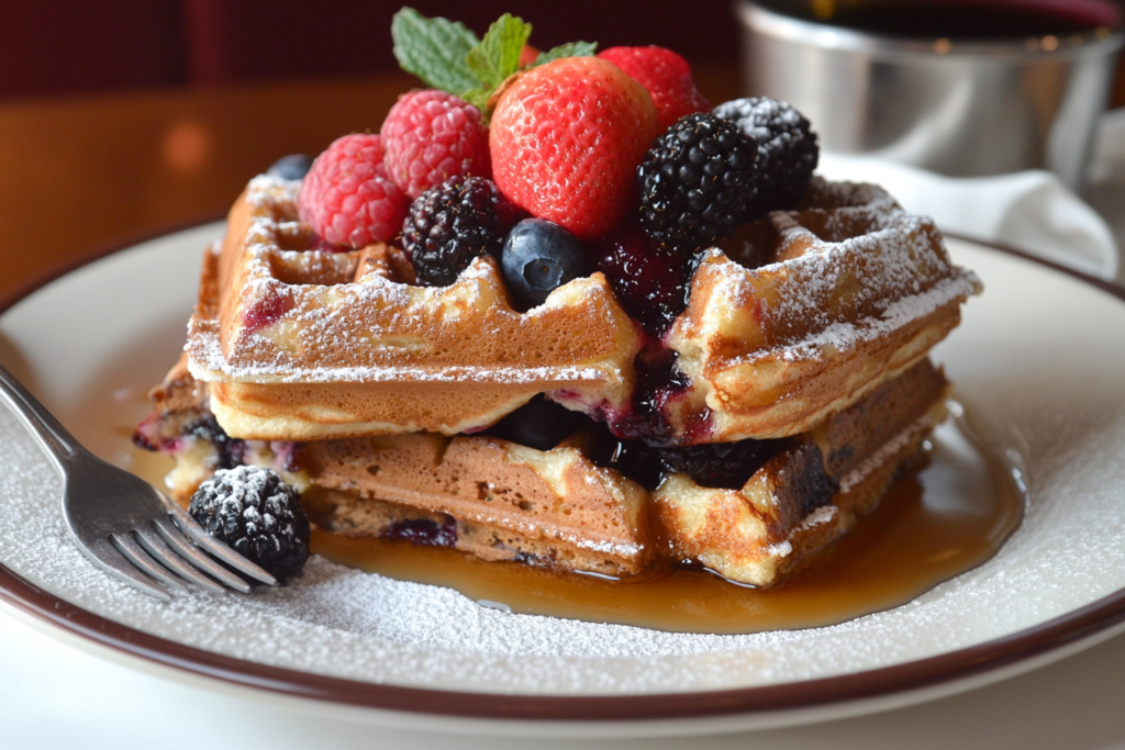 Golden-brown Kodiak waffles stacked with fresh berries and syrup on a plate.
