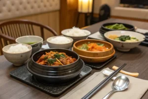 Traditional Korean dinner table with colorful banchan and kimchi.