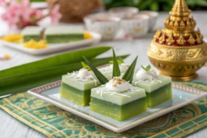 Traditional Thai dessert 'Forget to Swallow' with mung bean custard and creamy coconut topping