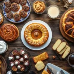 Assorted kosher desserts beautifully arranged on a rustic table.