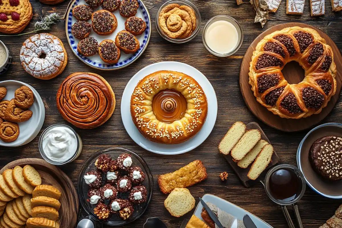 Assorted kosher desserts beautifully arranged on a rustic table.