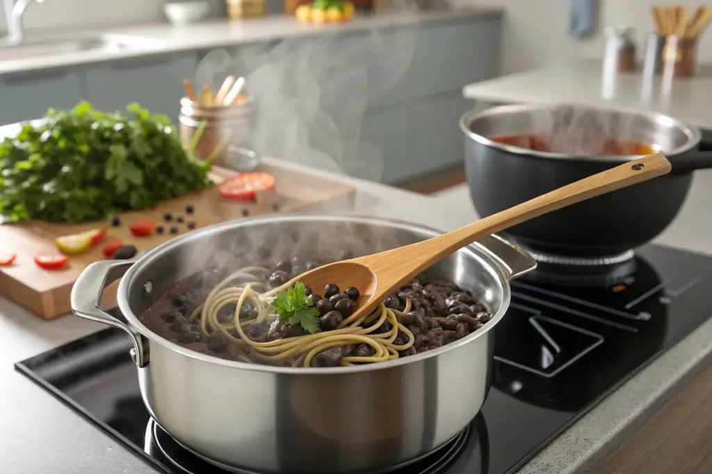 Black bean pasta cooking in boiling water with steam rising.