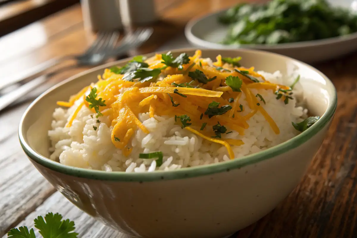 A bowl of white rice topped with melted shredded cheese and parsley.