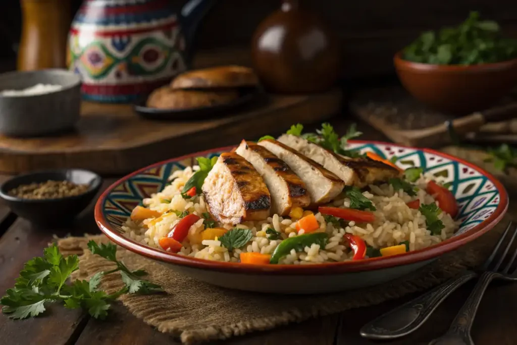 A creative recipe of cheesy rice with vegetables and grilled chicken.