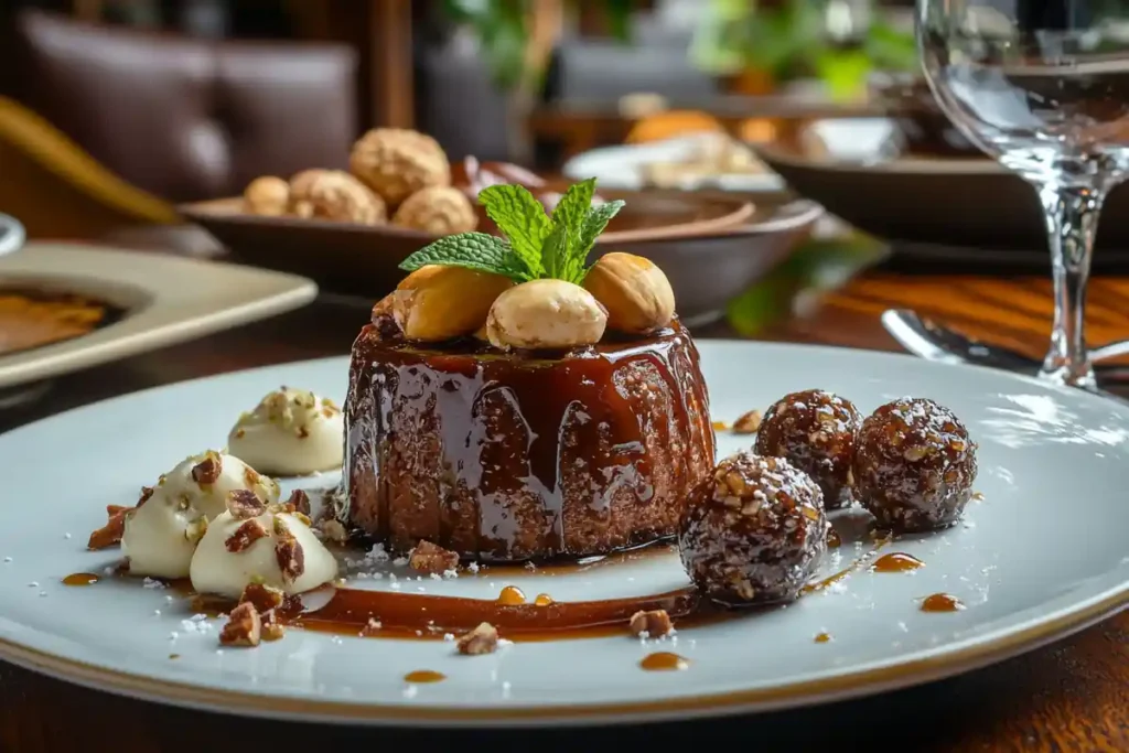 A variety of beautifully plated date desserts with nuts and mint garnish.