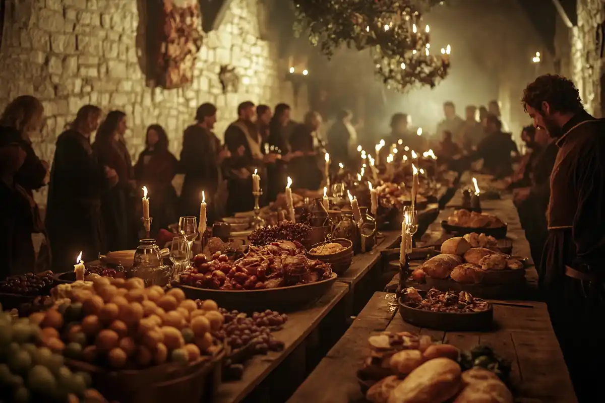 Grand medieval banquet with food and drinks on a wooden table.