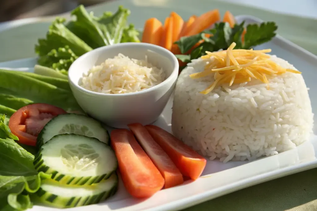 A healthy plate of white rice with shredded cheese and fresh vegetables.